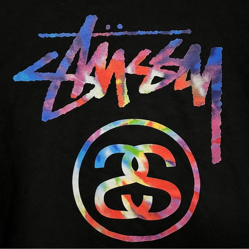 STUSSY TIE DYE LOGO T SHIRT TEE BLACK RAINBOW GRAPHIC VINTAGE STYLE SKATE MEDIUM - Picture 3 of 5